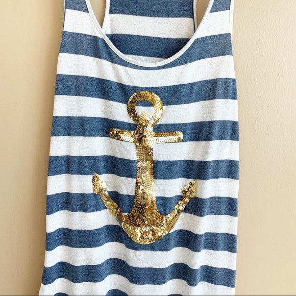DELIAS blue white stripe tank top Racerback gold sequin anchor size XS RELISTED - Picture 3 of 6